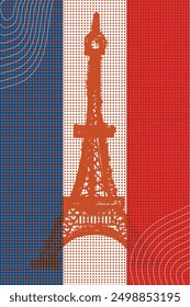 A vintage-style abstract illustration of the Eiffel Tower overlaid on the France flag.European travel sketch. Vertical vintage hand drawn touristic postcard, poster.