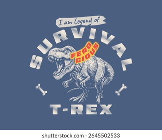 A vintage-style badge design featuring a roaring T-Rex with the text SURVIVAL TREX and a stitched-on FEROCIOUS label.