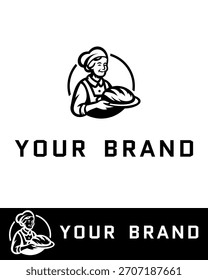Un logotipo de panadería de estilo vintage con una panadera femenina sonriente que sostiene pan fresco