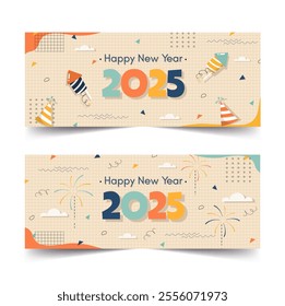 Vintage-style banner designs for New Year 2025 featuring minimalistic fireworks and celebratory elements in this vector illustration.