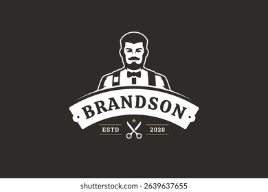 Vintage-style barber shop logo featuring a gentlemans portrait, scissors emblem, and establishment date. Ideal for grooming services, fashion, and business branding. Vector illustration.