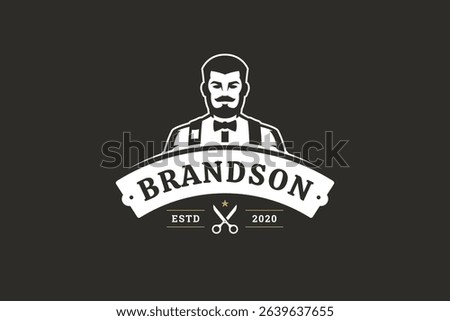 Vintage-style barber shop logo featuring a gentlemans portrait, scissors emblem, and establishment date. Ideal for grooming services, fashion, and business branding. Vector illustration.