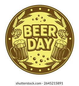 Rótulo estilo vintage Beer Day com cones de lúpulo, trigo e canecas de cerveja. Perfeito para marca de cervejaria, cartazes de bar, eventos Oktoberfest e promoções de cerveja artesanal.