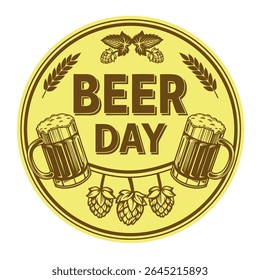 Rótulo estilo vintage Beer Day com cones de lúpulo, trigo e canecas de cerveja. Perfeito para marca de cervejaria, cartazes de bar, eventos Oktoberfest e promoções de cerveja artesanal.