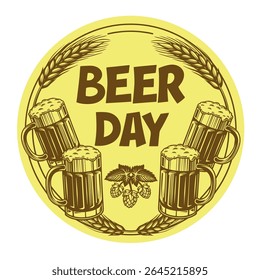 Rótulo estilo vintage Beer Day com cones de lúpulo, trigo e canecas de cerveja. Perfeito para marca de cervejaria, cartazes de bar, eventos Oktoberfest e promoções de cerveja artesanal.