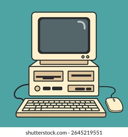 Vintage-style beige computer with a monitor, keyboard, and mouse sits on a teal background in a flat, cartoon-like style ideal for technology or retro-themed designs and illustrations.