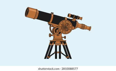 A vintage-style black and copper telescope featuring a built-in clockwork dial, mounted on a sturdy tripod. Ideal for steampunk designs, astronomy club branding, and educational science marketing materials.