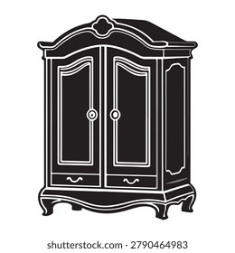 Vintagestyle black wardrobe with two doors and ornate white outlines on a plain white background