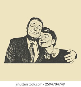  A vintage-style black-and-white stippled illustration of a happy couple embracing, radiating warmth and nostalgia.