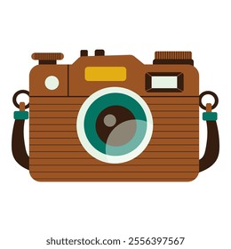 a vintage-style brown camera with a teal lens, textured body, yellow accents, and side straps, evoking a retro and artistic feel.