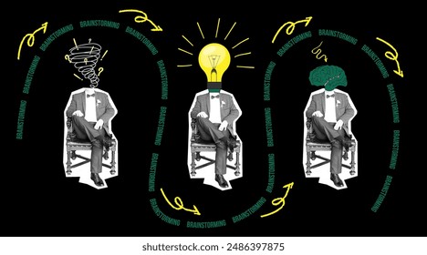 A vintage-style business collage with a man in a suit in an armchair. Business strategy and brainstorming. Vector illustration.