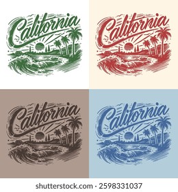 Vintage-style California t-shirt design featuring palm trees, ocean waves, and a sunset in a retro, hand-drawn illustration.