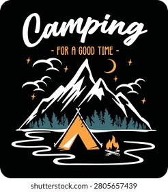 A vintage-style camping illustration featuring a mountain landscape, a glowing tent beside a calm lake, and a warm campfire under the night sky. The retro outdoor design celebrates adventure, hiking, wilderness, and the peaceful experience of spending time in nature.