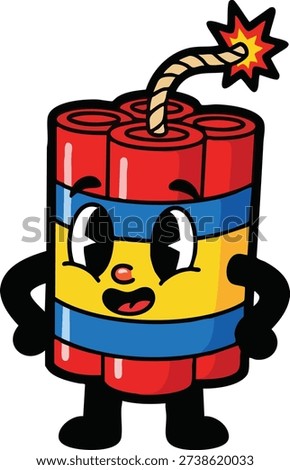 A vintage-style cartoon character made of dynamite sticks, with a lit fuse and a friendly expression.