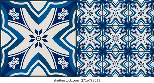 Azulejo de cerámica estilo Antiguas con llamativa ornamentación floral azul, inspirado en el diseño clásico de azulejos mediterráneos. Incluye un patrón de repetición sin fisuras.