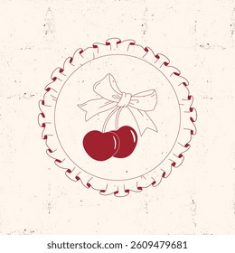 Vintage-style cherry illustration with bow in round stitched frame. Retro fruit art for packaging, fabric design, scrapbooking, or kitchen decor.

