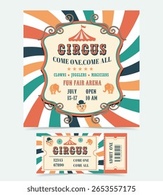 Cartaz de circo estilo vintage e design de ingresso com redemoinhos coloridos retro, grande tenda superior, palhaços, elefantes e tipografia ousada. Ideal para promoções com temas de carnaval ou fúnebre. Ilustração vetorial.
