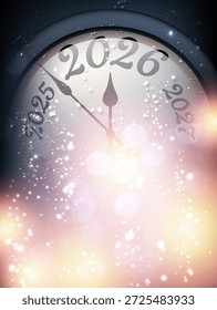 Vintage-style clock glowing with soft lights as it nears 2026. Festive and magical. Vector illustration for New Year.