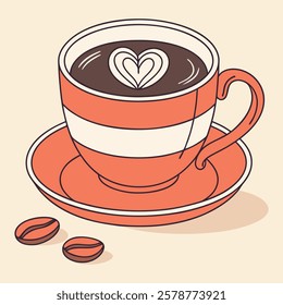 Vintage-style coffee cup graphic with a saucer and coffee beans, suitable for beverage packaging designs,Beautiful hand-drawn coffee cup artwork with a heart detail, great for greeting cards and promo