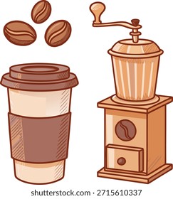 Vintage-style coffee grinder and disposable cup with coffee beans