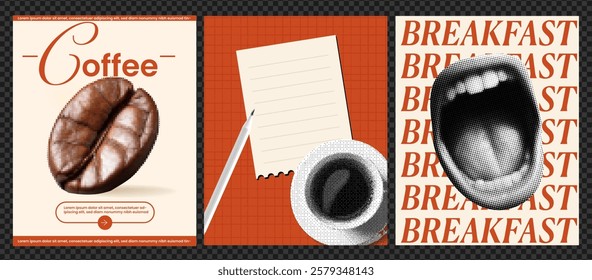 A vintage-style coffee poster featuring a coffee bean, a blank notepad with a pencil, a cup of coffee, and a bold 'BREAKFAST' text design. The color palette includes warm tones and retro graphics.