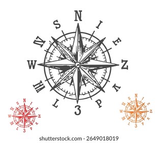 A vintage-style compass rose illustration, featuring cardinal directions and two smaller compass roses in red and orange.