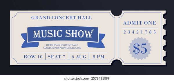 A vintage-style concert ticket design with blue and beige tones, featuring details like seat, date, and price on a dark background. Vector illustration