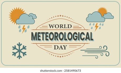 A vintage-style design for World Meteorological Day featuring weather symbols such as sun, clouds, lightning, snowflakes, and wind, celebrating the importance of weather patterns and meteorology.