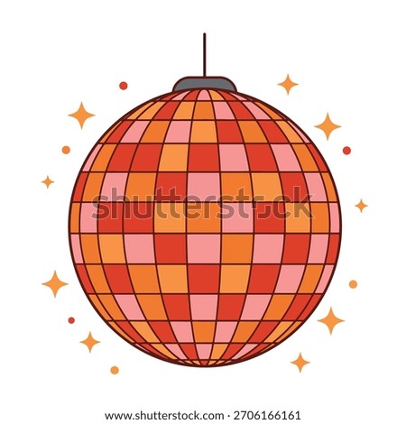 A vintage-style disco ball with a checkered pattern of pink and orange squares, suspended and surrounded by glowing starbursts.