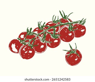 Vintage-style doodle set of cherry tomatoes, including whole and sliced pieces. Hand-drawn and rustic, perfect for packaging, recipe art, garden graphics, and culinary-themed illustrations.