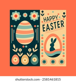 A vintage-style Easter poster inspired by the 1960s, featuring a soft yet elegant color palette with pastel blues, warm creams, and soft pinks. 