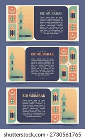 Un conjunto de diseño de Anuncio de estilo vintage de Eid Mubarak con cúpulas de mezquita, minaretes, linternas, lunas crecientes y motivos ketupat. Ideal para cabeceras de Sitio web, Anuncios de eventos y promociones festivas.