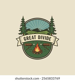 A vintage-style emblem depicts a campfire scene in the Great Divide, featuring mountains, pine trees, and roasting marshmallows.