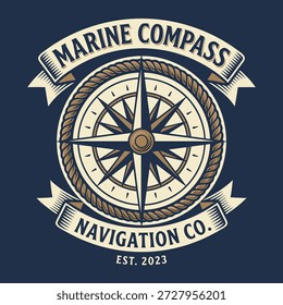 Ein Emblem im Vintage-Stil mit einem nautischen Kompass mit dem Text "Marine Compass Navigation Co."