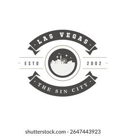 Vintage-stijl embleem voor Las Vegas, met een skyline van de stad, lintachtige ontwerpelementen en de uitdrukking 