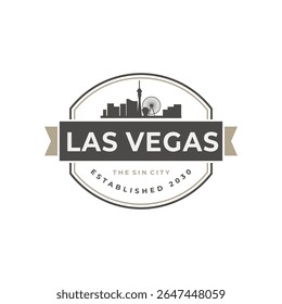Vintage-style emblem for Las Vegas, featuring a circular design with a city skyline silhouette, the city's name, and establishing year