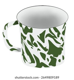 Ilustração de caneca de esmalte estilo vintage com motivo de camuflagem verde e branco, adequado para design de produto retro ou elementos de marca.