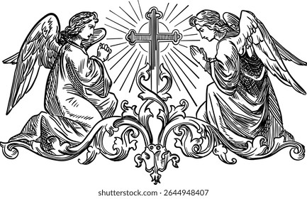 Gravação em estilo vintage de anjos ajoelhados reverentemente diante de uma cruz com raios de luz emanantes.