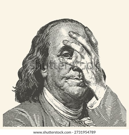 A vintage-style engraving of Benjamin Franklin covers part of his face with his hand in a classic facepalm gesture, conveying concepts of financial frustration or embarrassment.