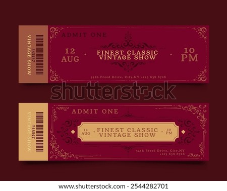 Vintage-style event ticket with ornate design, featuring the text 'Finest Classic Vintage Show' and details like date, time, and location. The ticket has a rich red and gold color scheme.