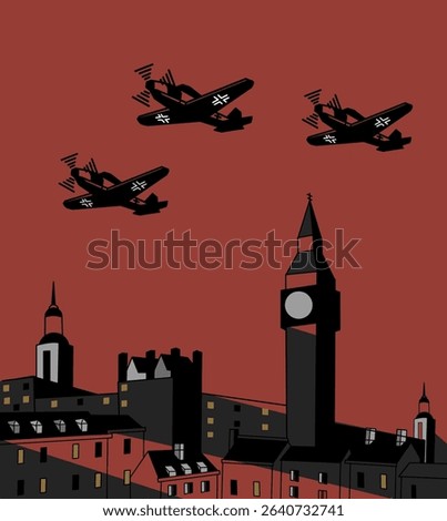 A vintage-style flat vector illustration depicting WW2, featuring fighter planes flying above Big Ben. Ideal for historical content, education, or vintage poster design.
