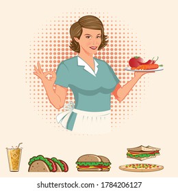 A vintage-style flat vector illustration of a smiling retro housewife or diner waitress making an OK hand gesture and holding a plate of fresh ingredients. This set includes detailed food icons such as a taco, hamburger, sandwich, pizza, and an iced drink, all rendered in a warm 1950s aesthetic with a halftone dot background.