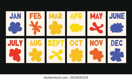 Vintage-style floral calendar layout in simple naive art style, expressive botanical composition, modern art-inspired decoration, perfect for seasonal planners and artistic wall prints.
