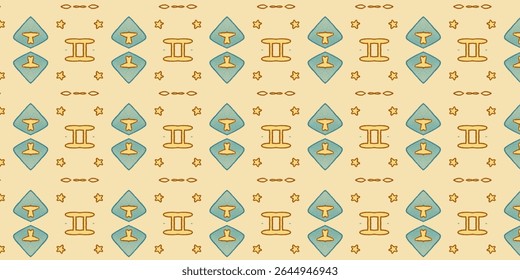 Vintage-style Gemini zodiac pattern with yellow and teal hues, star details, and seamless geometric design. Perfect for celestial and horoscope-themed projects.