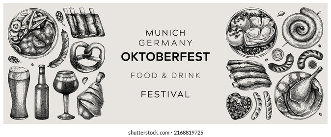 Colección de bocetos de comida alemana de estilo vintage. Elementos de diseño del menú Oktoberfest. Los planos de los platos de los restaurantes dibujados a mano. Diseño vectorial de la cocina alemana. Ilustraciones esbozadas de comida en blanco y negro