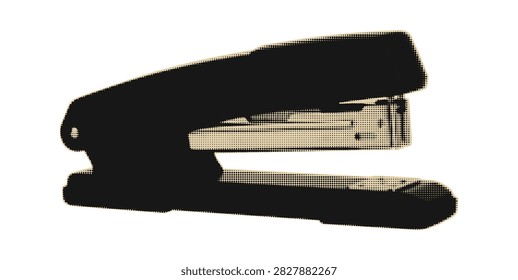 A vintage-style graphic of a black stapler rendered with a halftone dot pattern, isolated on a clean white background