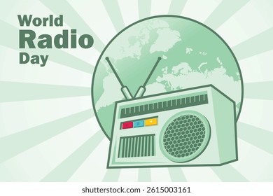 A vintage-style green illustration celebrating World Radio Day, featuring a retro radio with antennas and world map background
