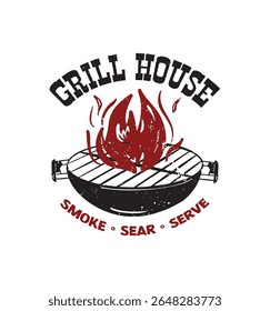Vintage-style grill house logo featuring bold flames and barbecue grill. Perfect for smokehouse, steakhouse, food truck branding, or restaurant merchandise and BBQ-themed designs.