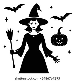 Vintage-Style Halloween Elements Retro Aesthetic Witches Silhouette vector Art illustration Bundle.