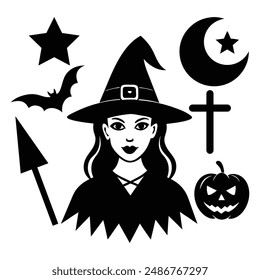 Vintage-Style Halloween Elements Retro Aesthetic Witches Silhouette vector Art illustration Bundle.